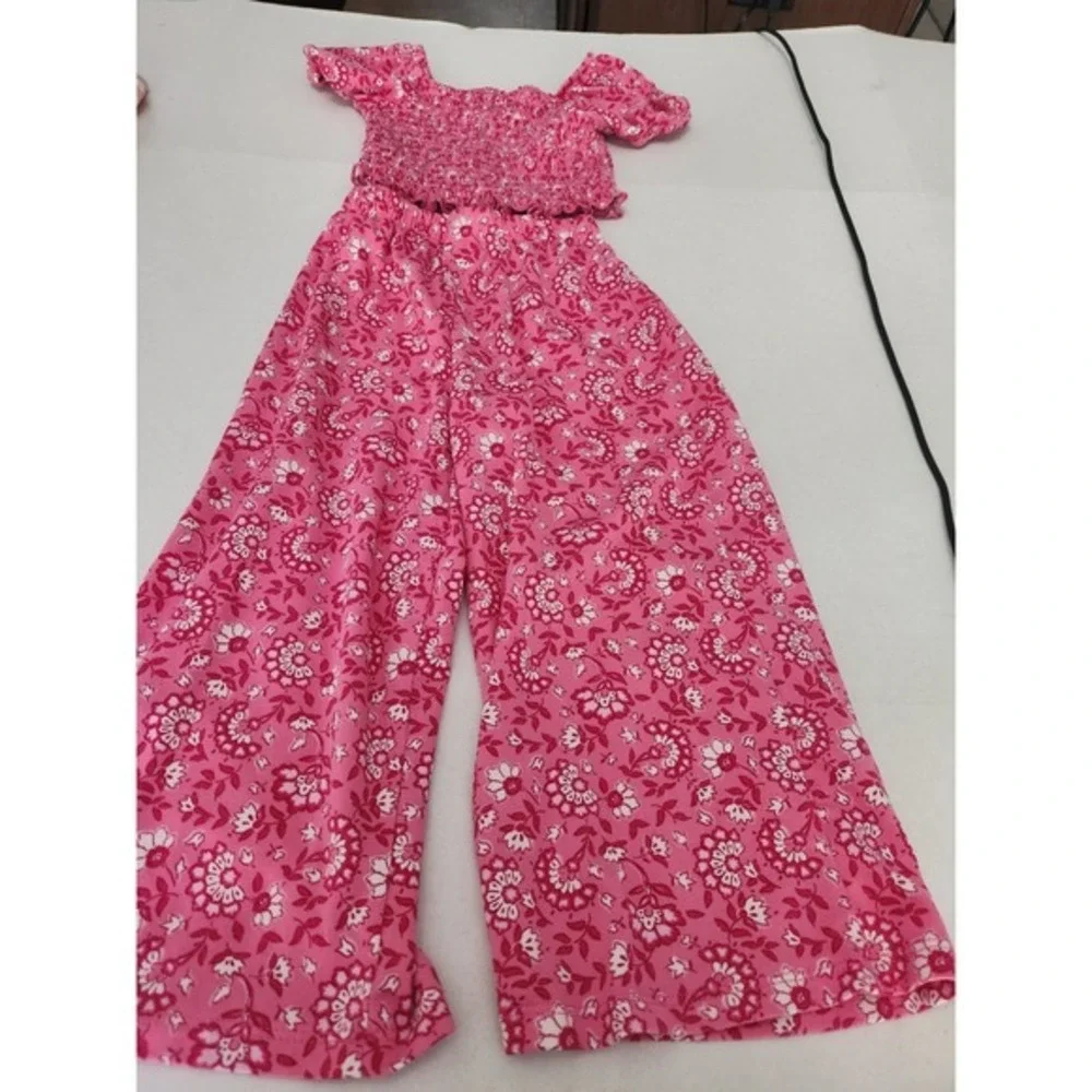btween Girls Pink Floral Smocked Off Shoulder Crop Top Wide Leg Jumpsuit 3T - Picture 1 of 11